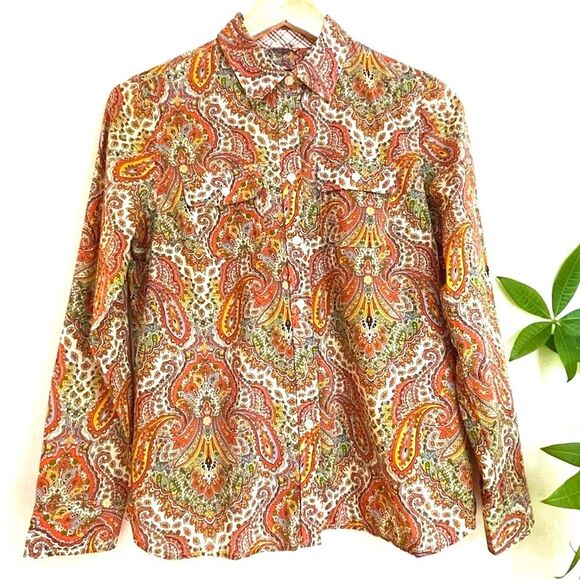 Talbots Multicolor Paisley Cotton Button Down Shirt with Tab Sleeves - Picture 9 of 9